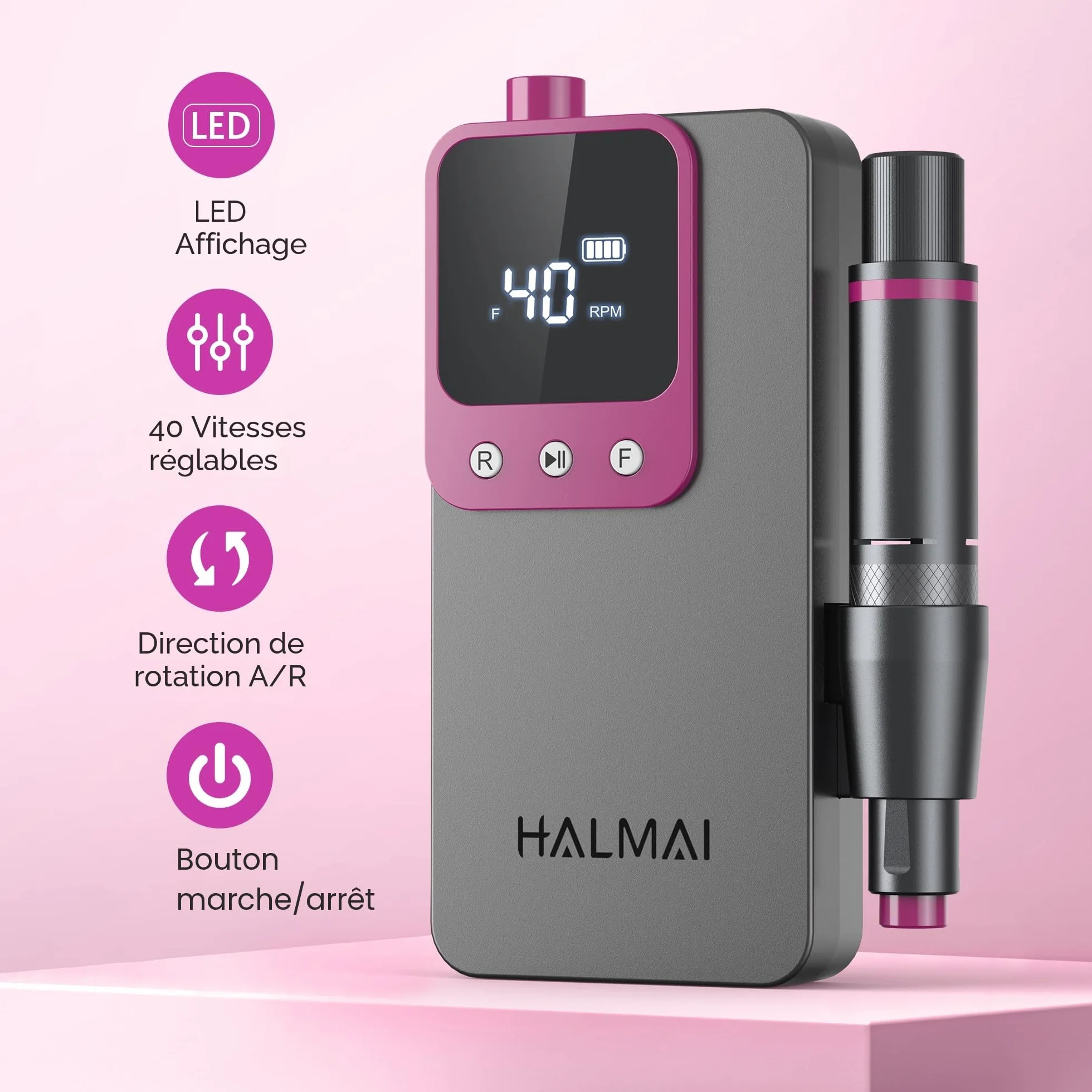 HALMAI Ponceuse à ongles professionnelle sans fil 40000RPM HMC320, Lime acrylique rechargeable gris foncé