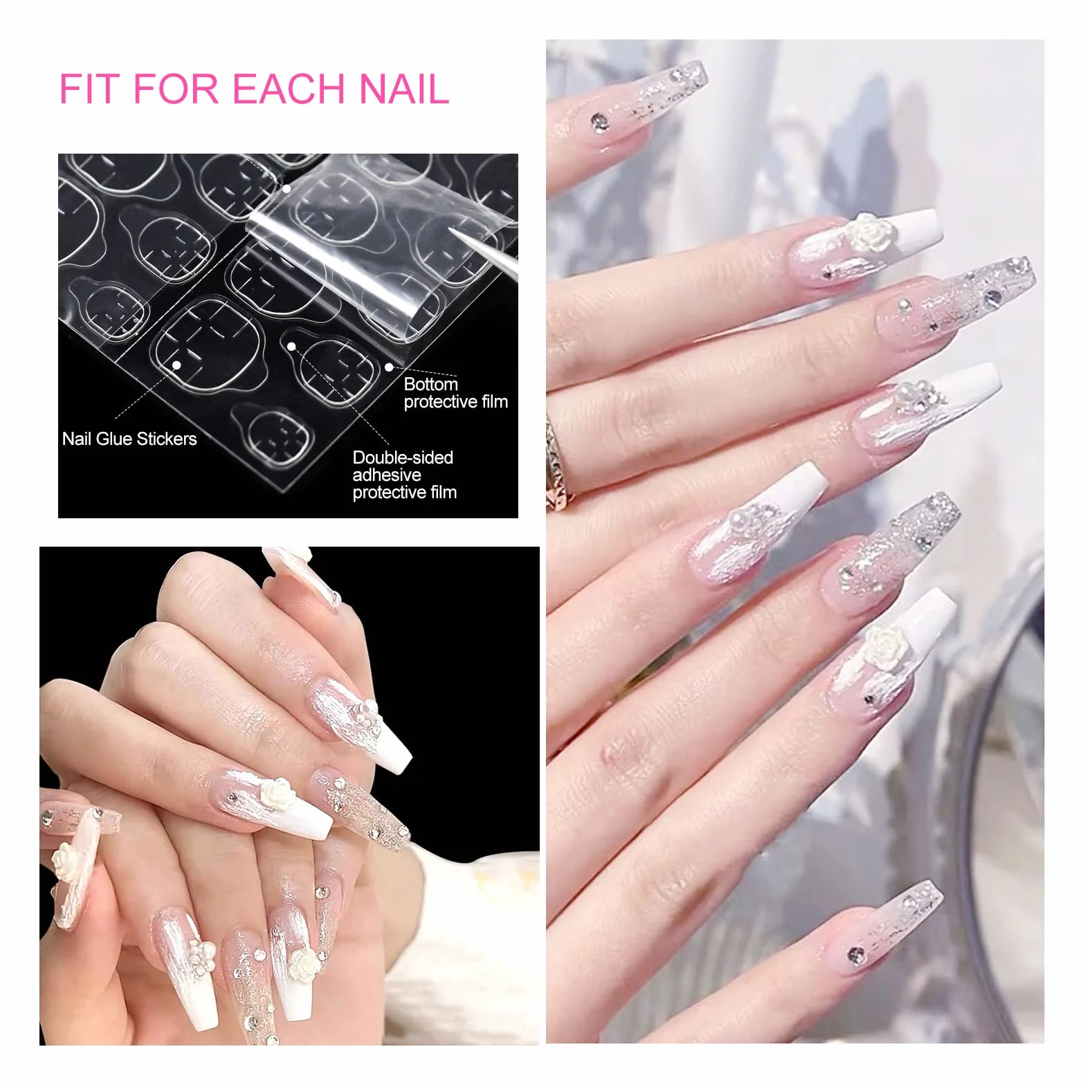 Autocollants à Ongles 240 Pcs, Faux Onglets Autocollants Double Face, Adhésif Transparent pour Nail Art