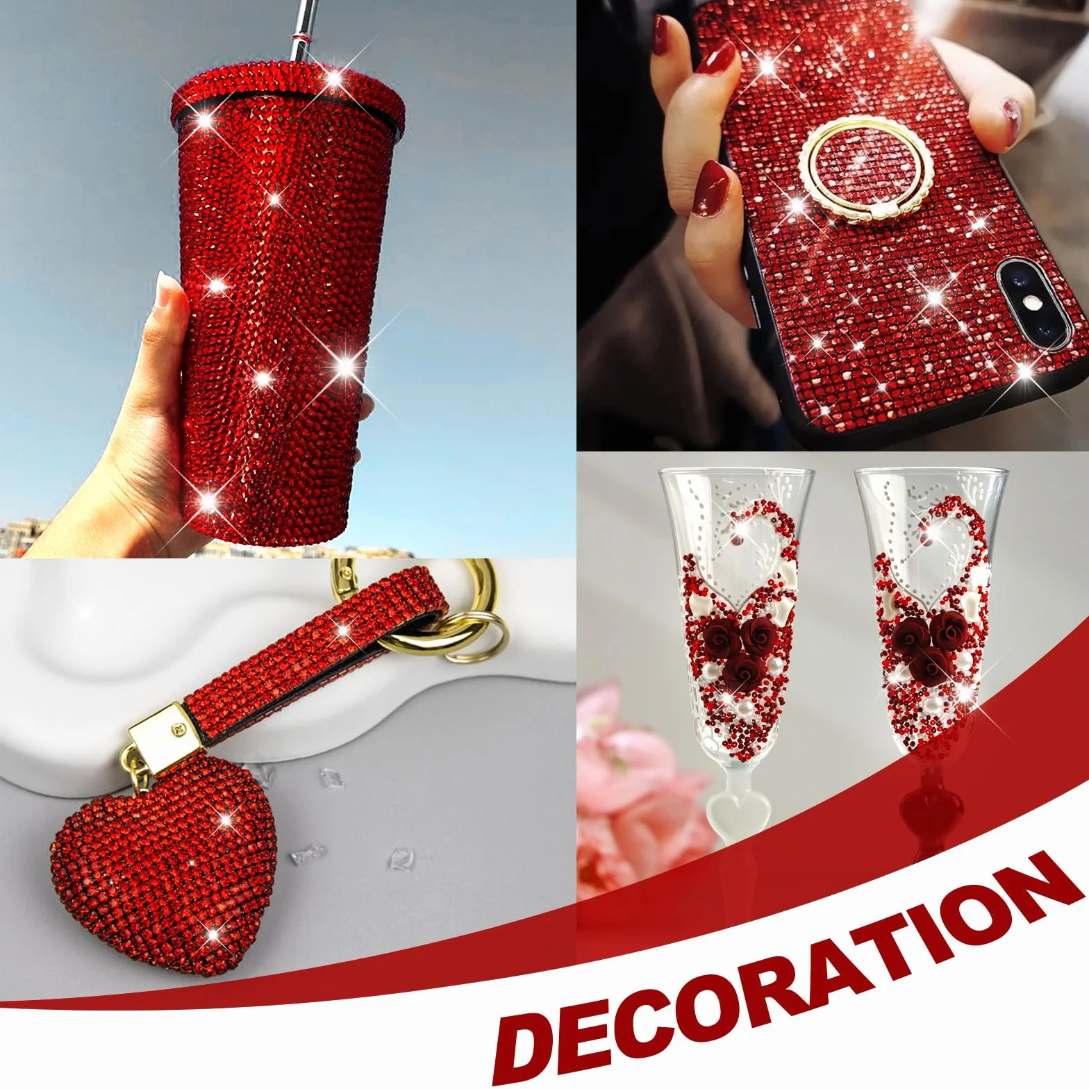 Strass Autocollant Visage 2542 Pcs, 5 Feuilles Strass Adhesif Rond 3/4/5/6mm Rouge pour DIY Body Maquillage Décoration