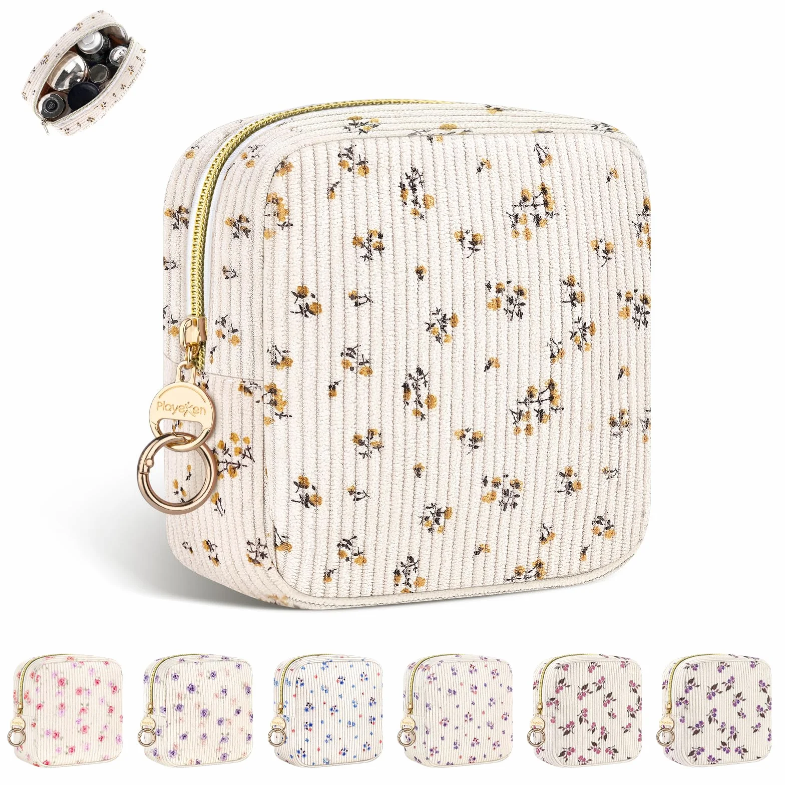 Velours Côtelé Petite Trousse Maquillage Femme Voyage Pochette Multifonctionnelle Sac Rangement Cosmétique Jaune
