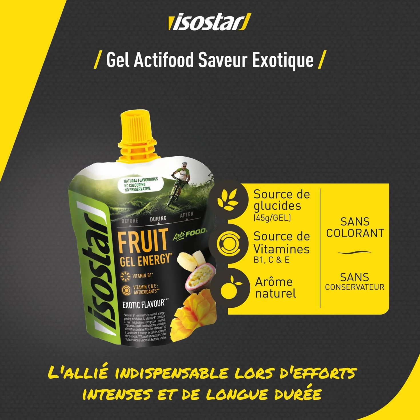 ISOSTAR Gel Actifood Fruits Exotiques Énergétique Sport Glucides Vitamines B1 C E Running Vélo Trail 90 g