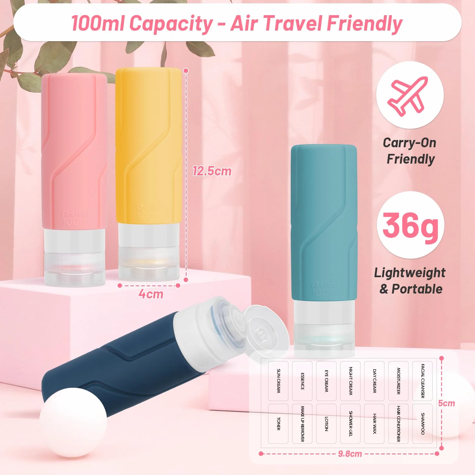 Alyvisun Flacon Voyage Silicone 4 Pièces 100ml Rechargeable Anti-fuite Vide Shampoing Lotion Cosmétiques