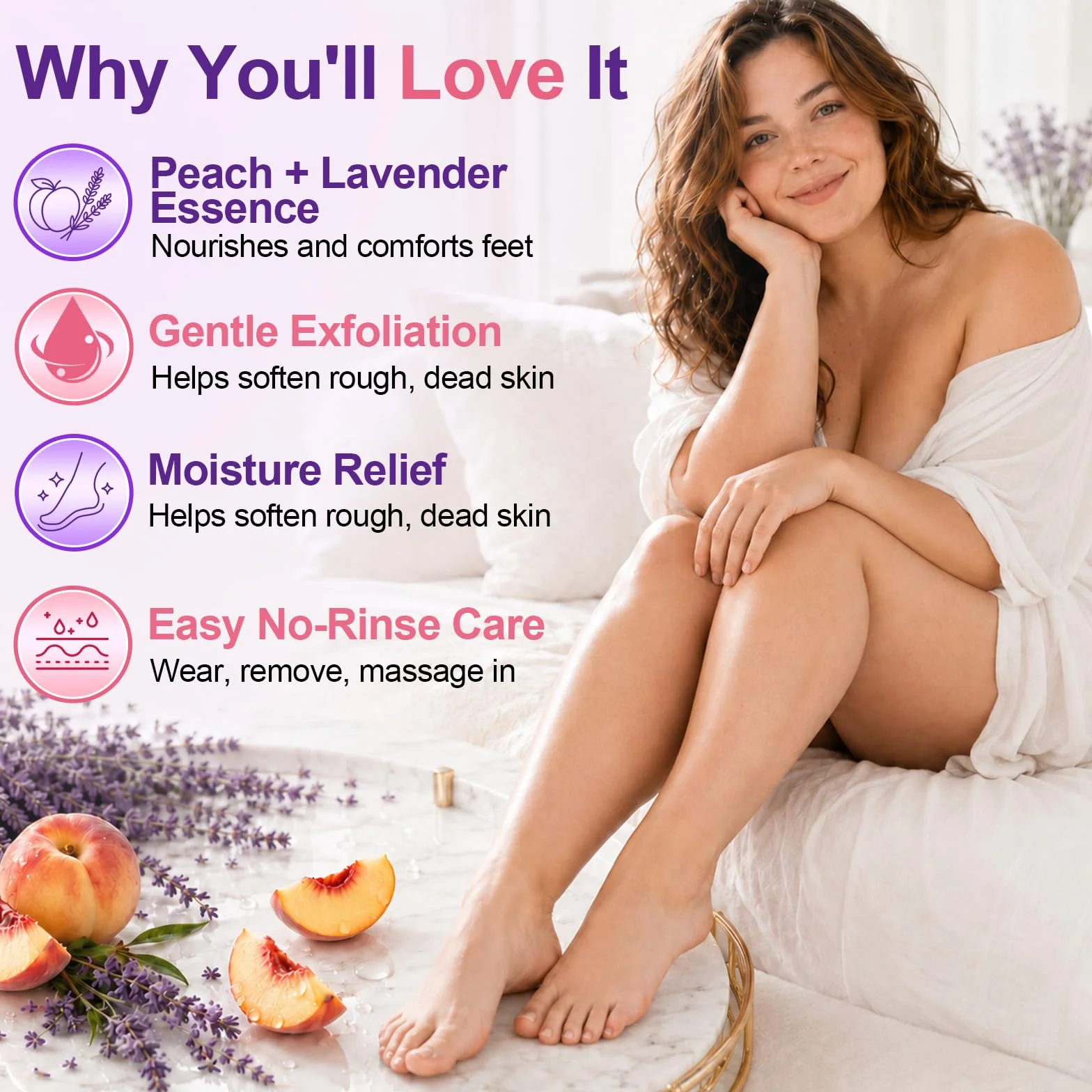 Masque Pied Peeling 2 Paires, Masque Hydratant pour Les Pieds, Soins Pieds, Pêche et Lavande