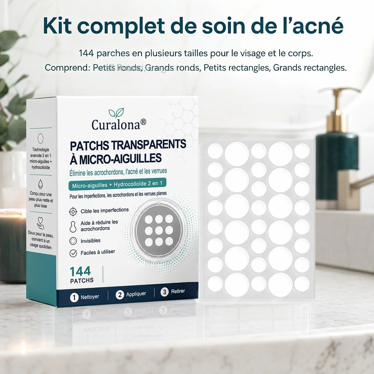 Curalona Patch 2-en-1 Microneedle & Hydrocolloïde 144 Pièce Invisible Imperméable Transpirable
