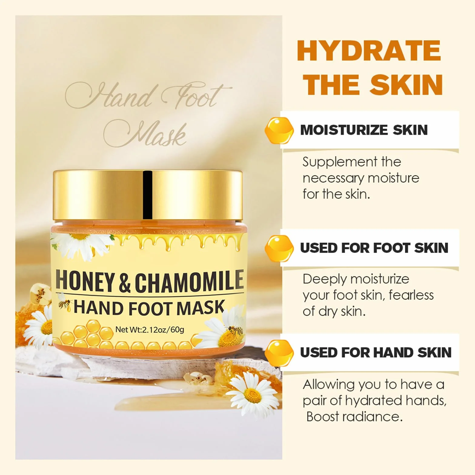 Masque mains et pieds miel camomille soin hydratant exfoliant durable