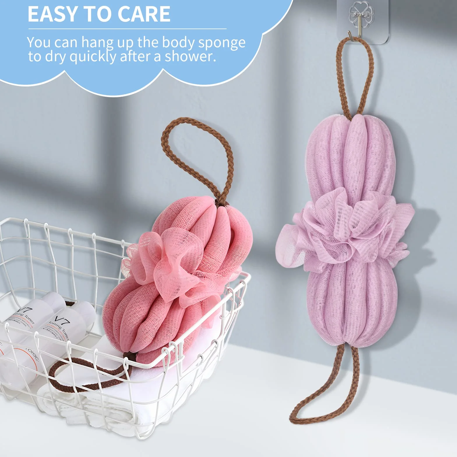 Toplive Maille Fine Fleurs de Bain Douche Long Éponge - Brosse à récurer le corps pour nettoyer et lisser la peau (Violet + Rose)