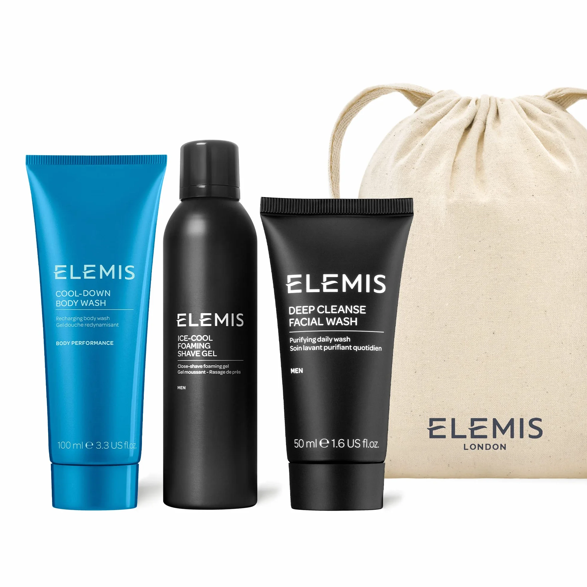 ELEMIS Collection de soins de la tête aux pieds pour hommes,3 pièces essentielles pour rehausser la qualité de sa peau,coffret cadeau comprenant : gel nettoyant de visage,gel de rasage et gel de corps