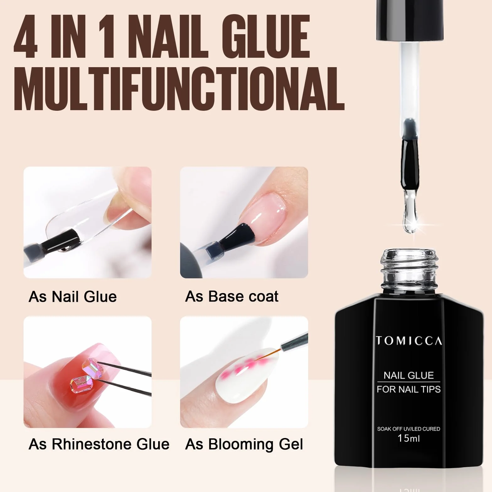 TOMICCA Colle Faux Ongles Extra Forte 15ml 4 en 1 Gummy Base Gel Pose Américaine Ongles Capsules Longue Durée Nail Extend Gel UV/LED