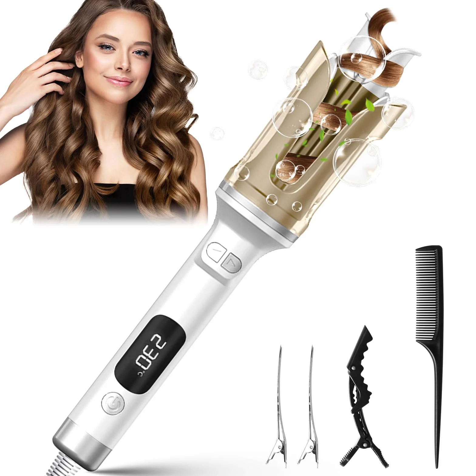 Fer a Boucler Cheveux Automatique, Fer a Friser avec 6 Réglages de Température avec LCD Écran, Friseur Cheveux Femme, Boucleur Céramique pour Cheveux Longs/Courts (Blanc)