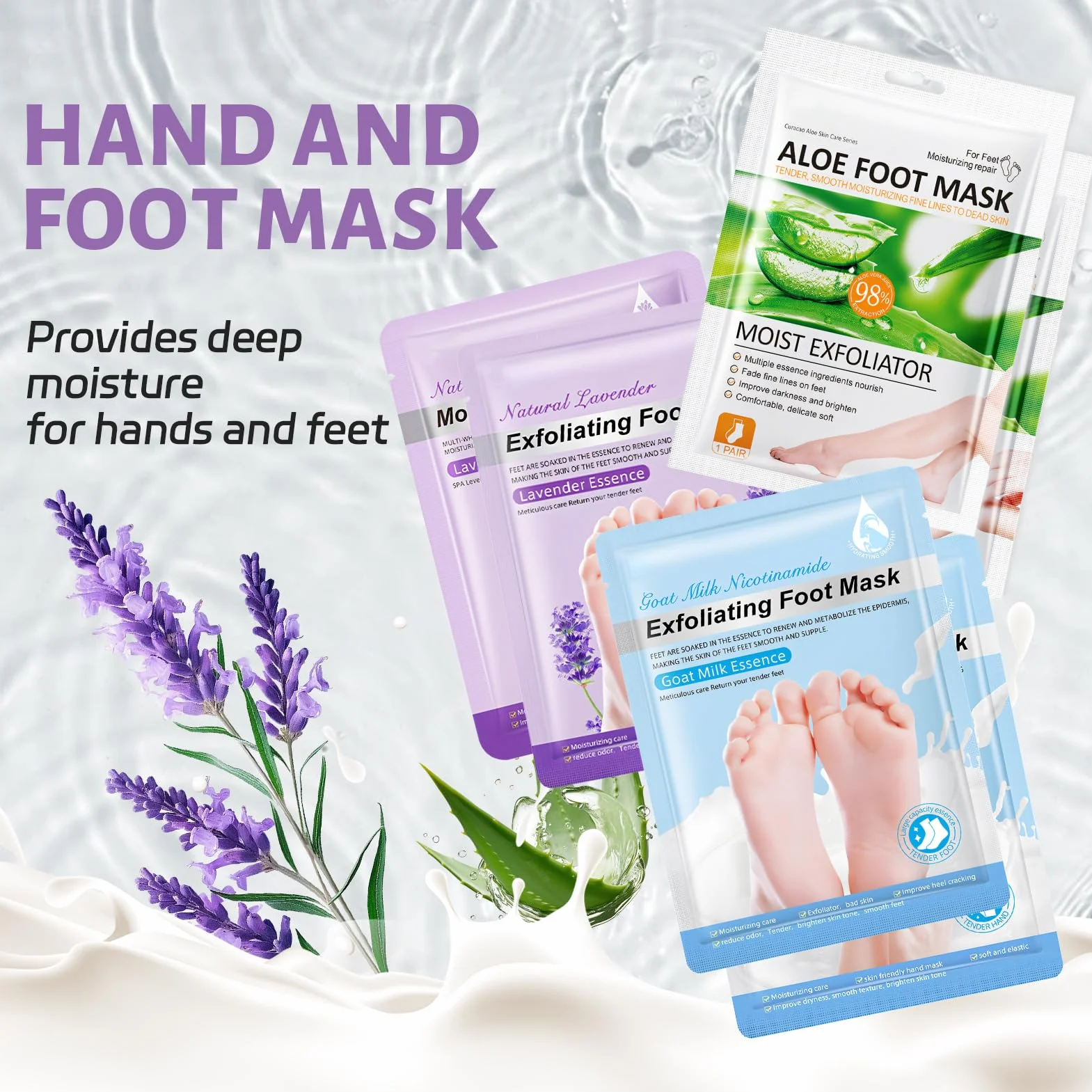 Masque Pieds Peeling Exfoliant Gants Hydratants Lavande Lait de Chèvre Aloès 3 Paires