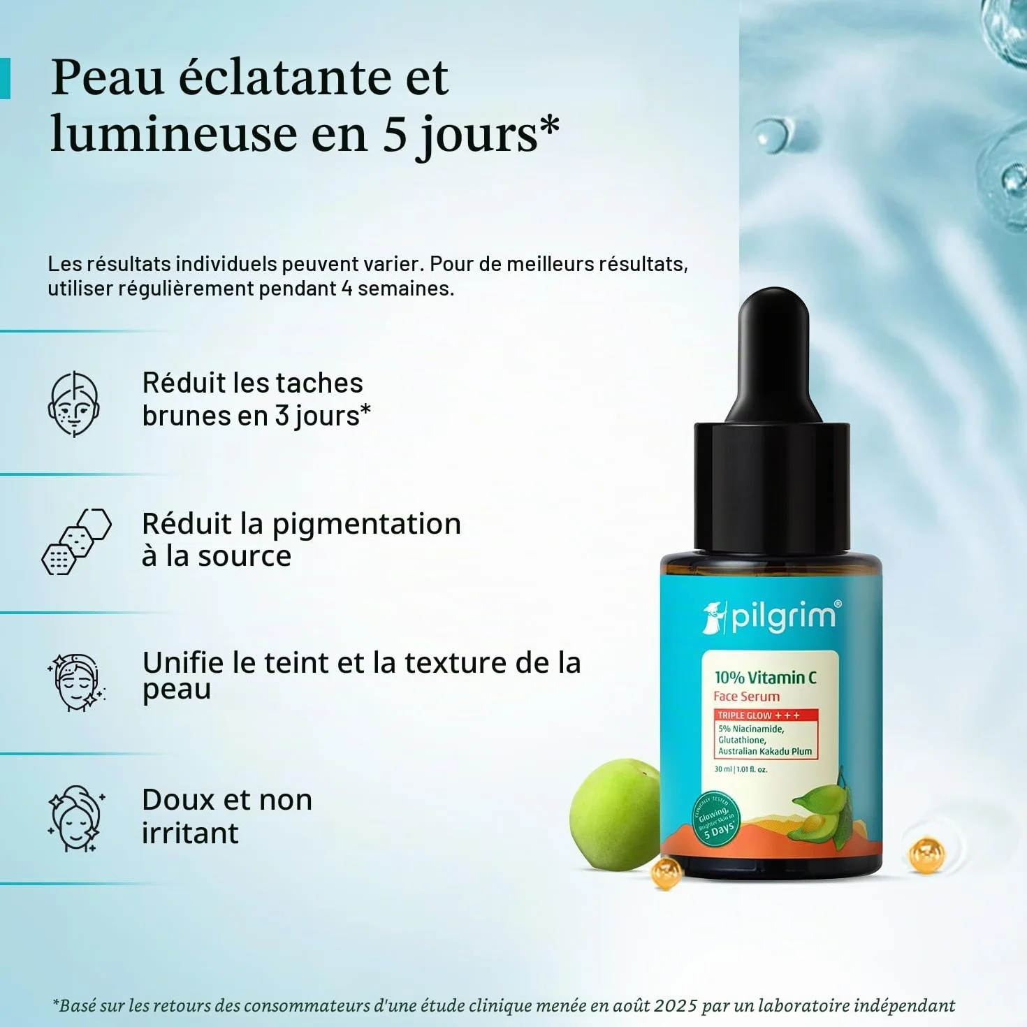 Pilgrim Sérum à 10 % de vitamine C 30 ml pour une peau éclatante | Avec 5 % de niacinamide, acide hyaluronique et glycolique | estompe les taches brunes, la pigmentation | Pour tous, peaux grasses