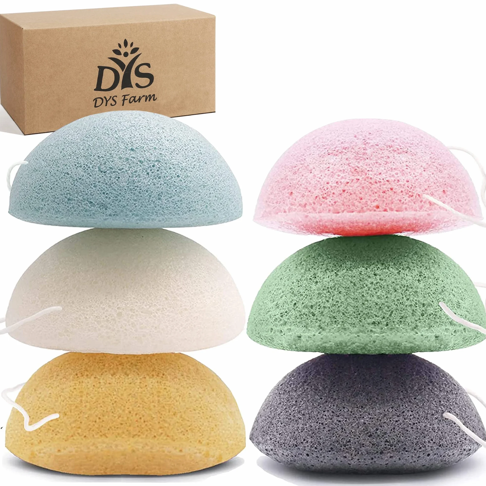Éponges Konjac Naturelles Lot de 6 - Nettoyant Visage Profond au Charbon Actif & Aloe Vera - Exfoliant Doux Anti-Points Noirs