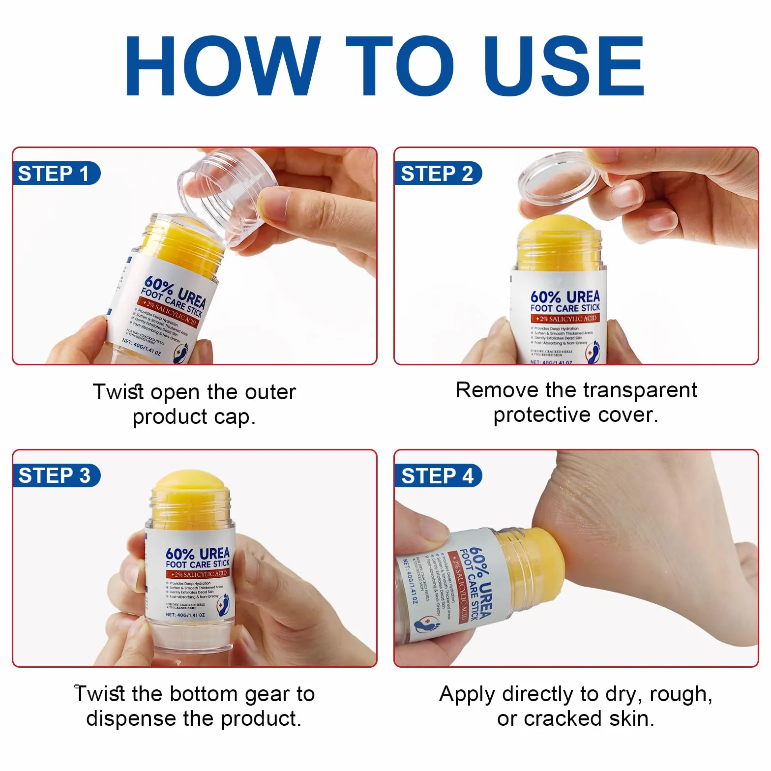 Crème pour pieds à 60% urée et 2% acide salicylique, barre réparatrice talons fissurés, hydratante mains coudes