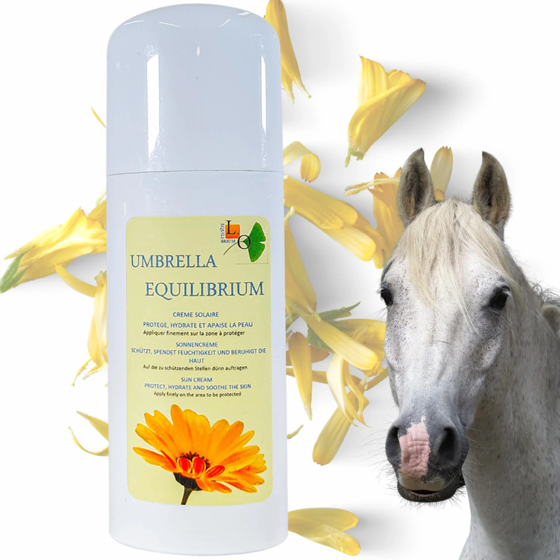 Umbrella Equilibrium -2en1 - Crème Protection Solaire UV et après Soleil Naturel pour Cheval - A Base de Calendula, Carotte, germes de blé, Lavande, et filtres UV minéraux