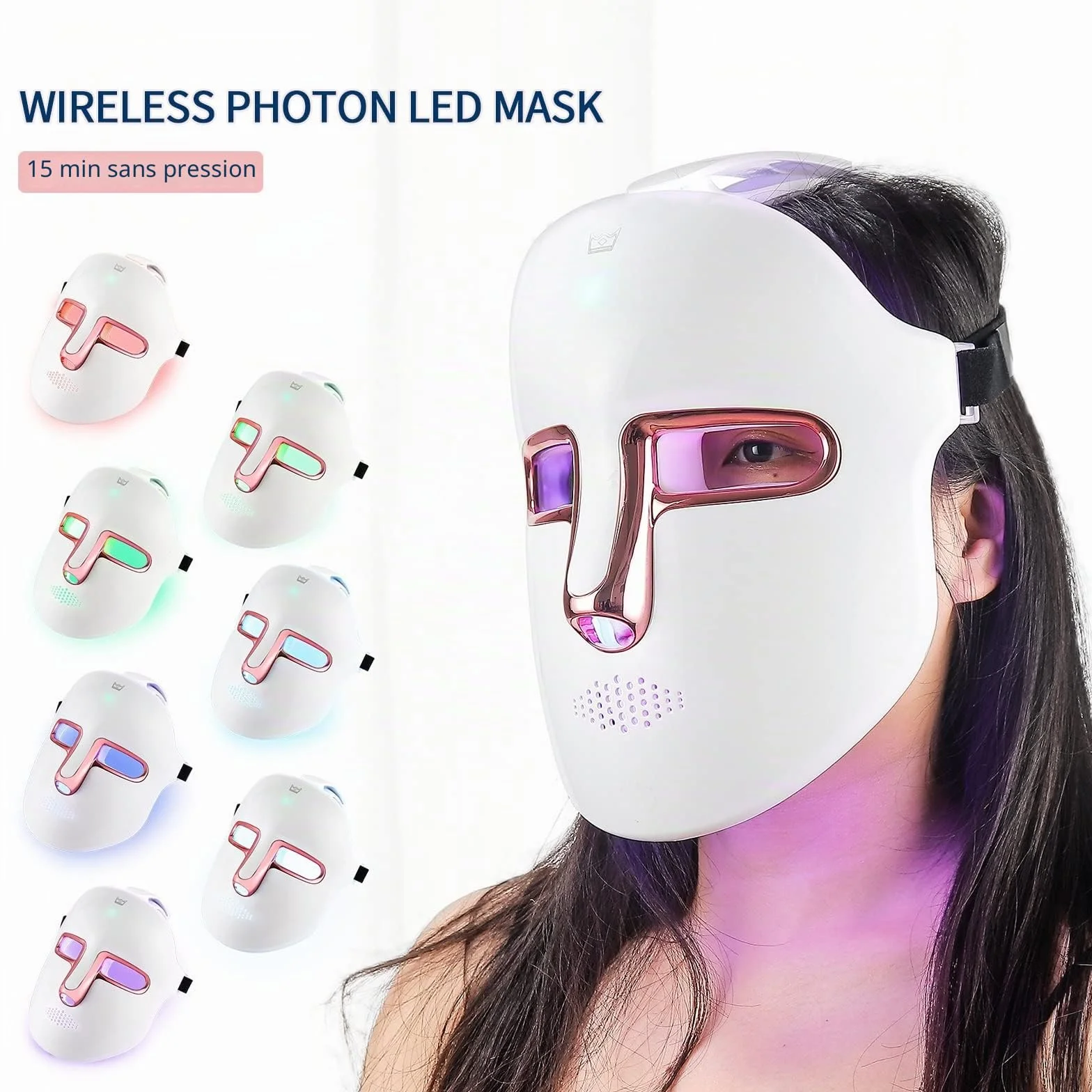 Masque de beauté LED sans fil, 7 couleurs avec 270 perles, masque lumineux LED rechargeable pour la beauté du visage, anti-anges, rajeunissement, raffermissant, rides lisses