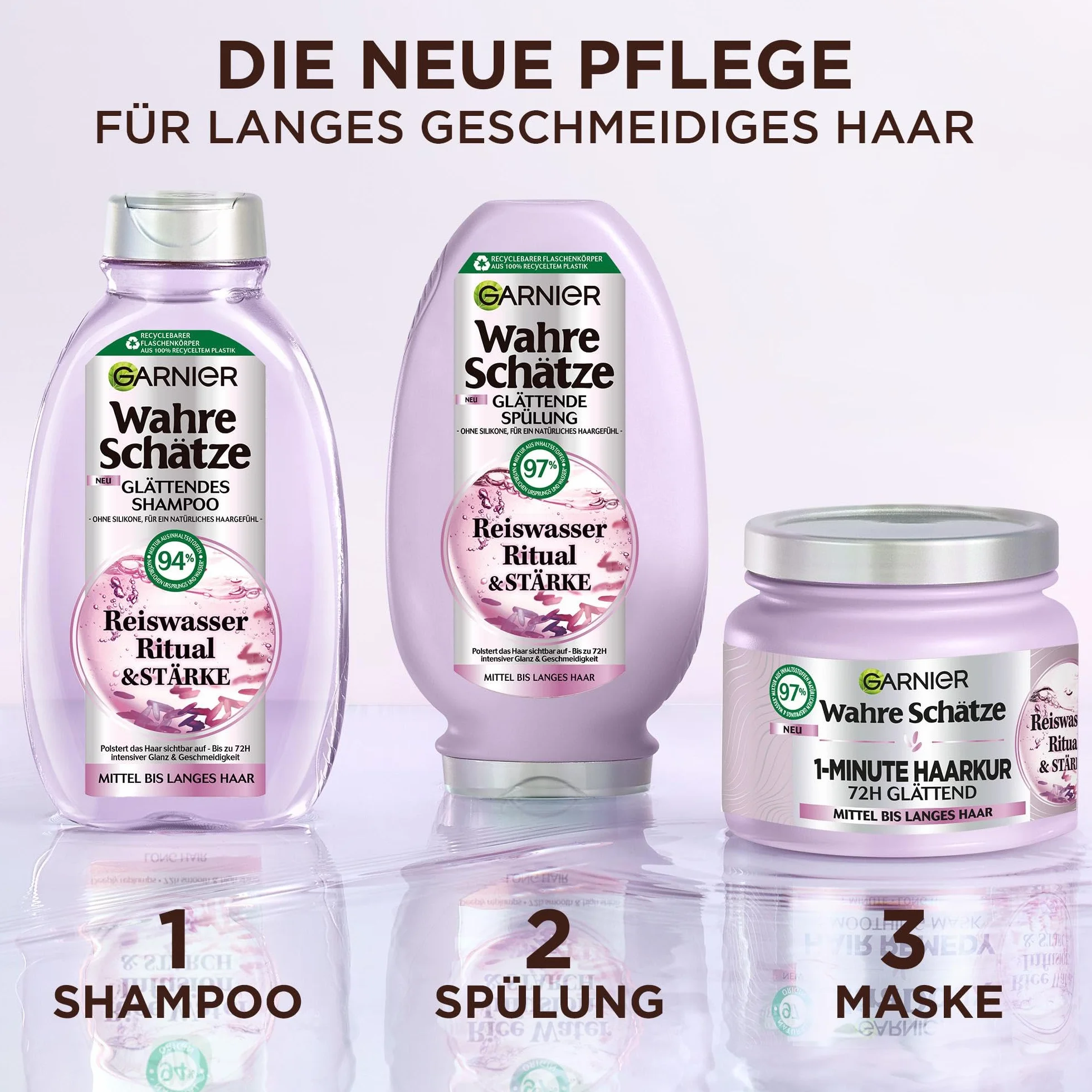 Garnier Wahre Schätze Lot de 3 Soin Lissant à l'Eau de Riz Shampooing 250 ml Après-shampoing 200 ml Cure 340 ml