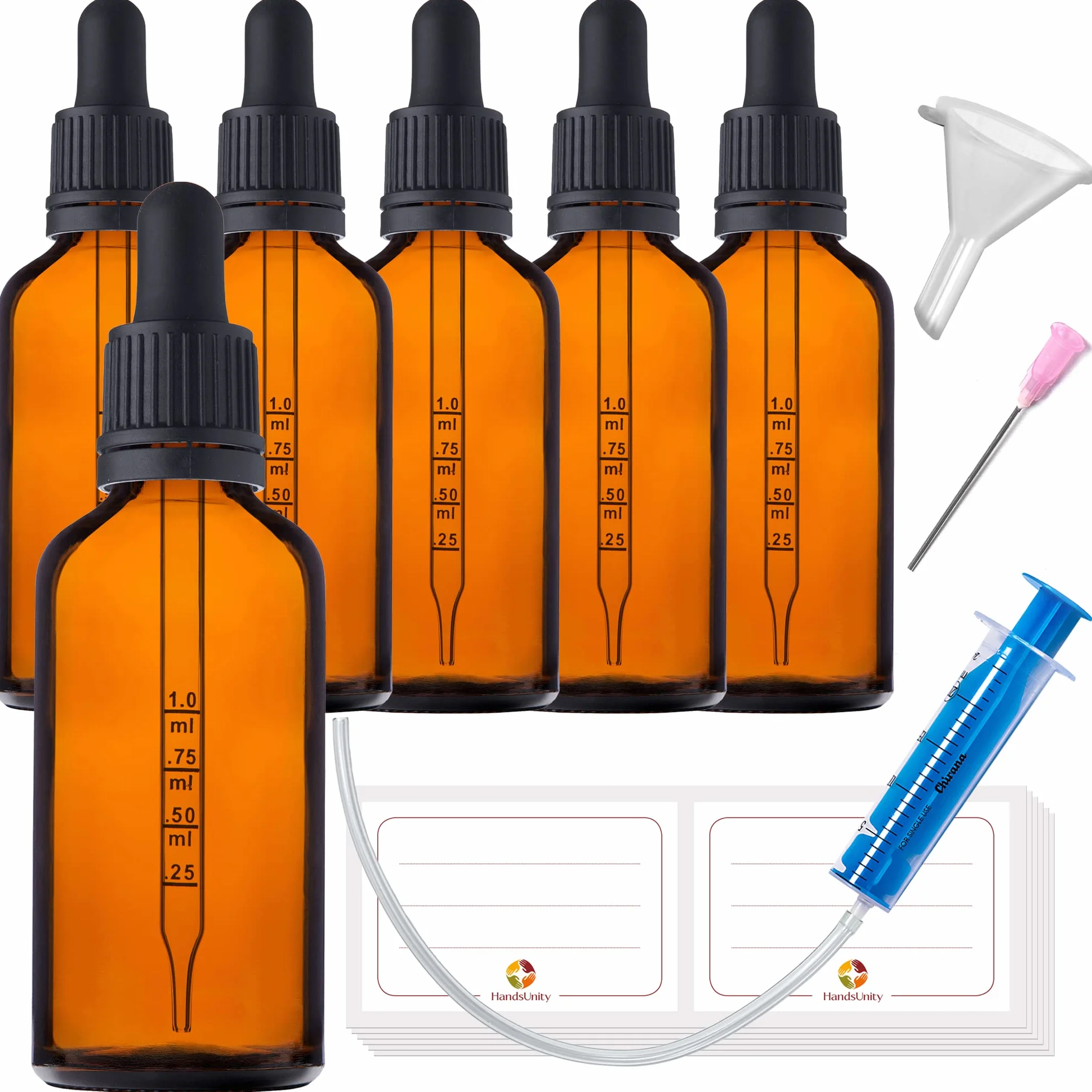 Lot de 6 flacons compte-gouttes de 50 ml en verre teinté marron avec 16 accessoires inclus Flacons de pharmacie
