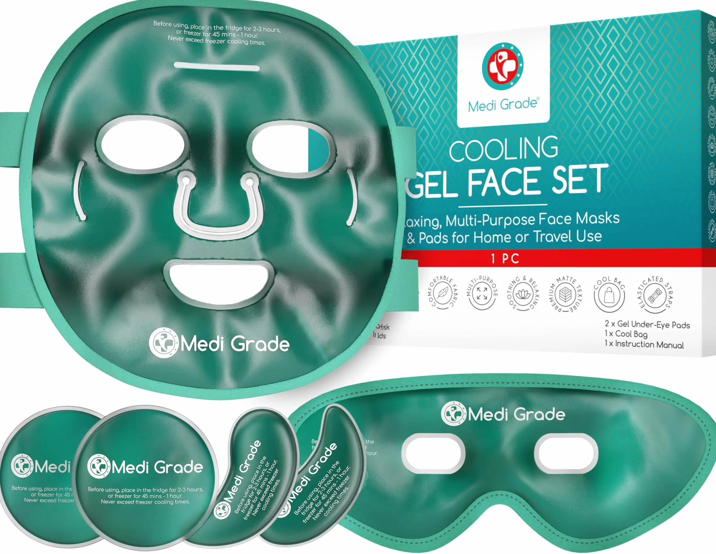 Masque Visage et Masque Anti Cerne Rafraichissant pour le Visage Complet de Medi Grade – Avec Gel Yeux – Pochette refroidissante incluse – Atténue les Poches