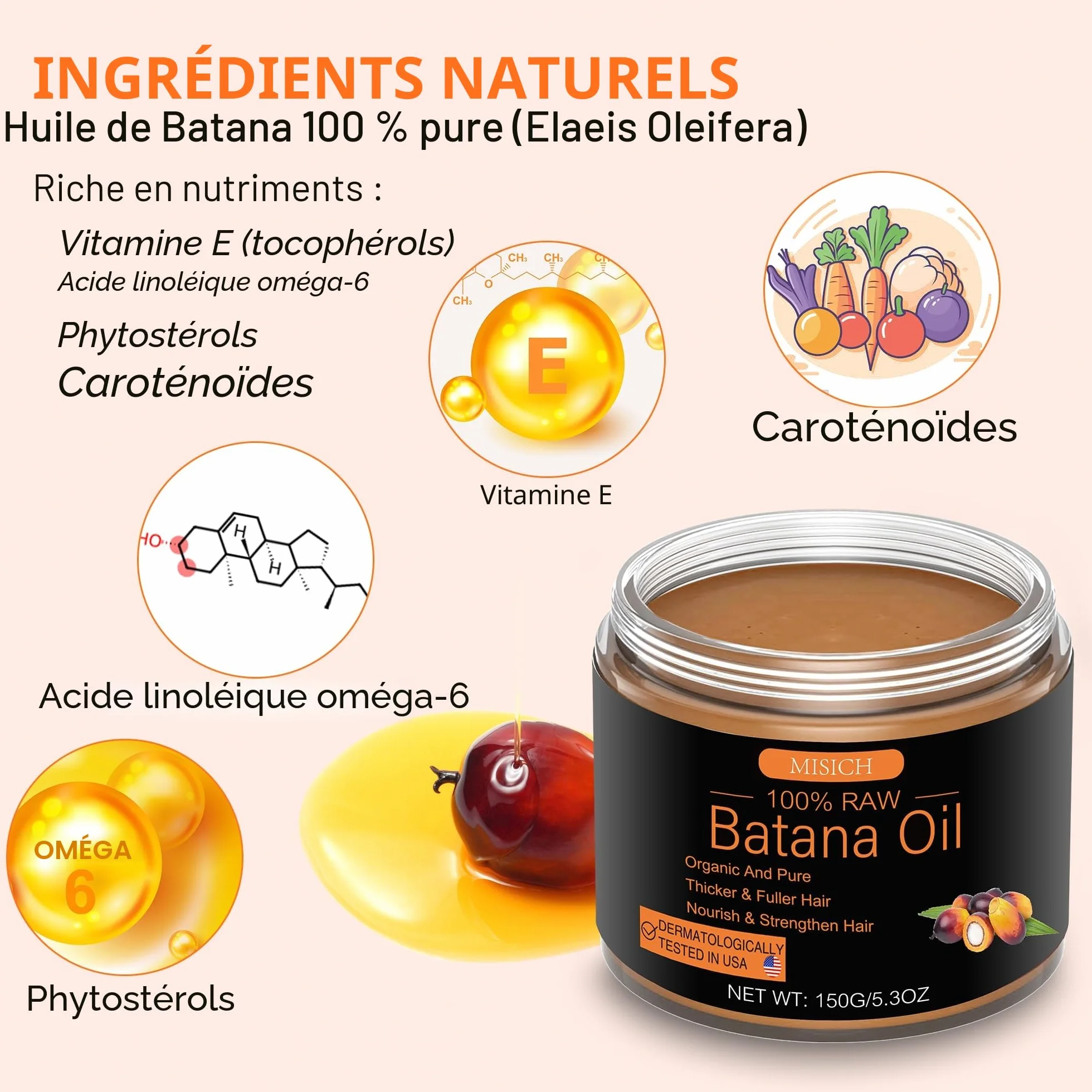 Huile de batana brute pour la croissance des cheveux, pâte botanique pure 100% naturelle, huile biologique non raffinée pour prévenir la perte de cheveux, améliore l'épaisseur des