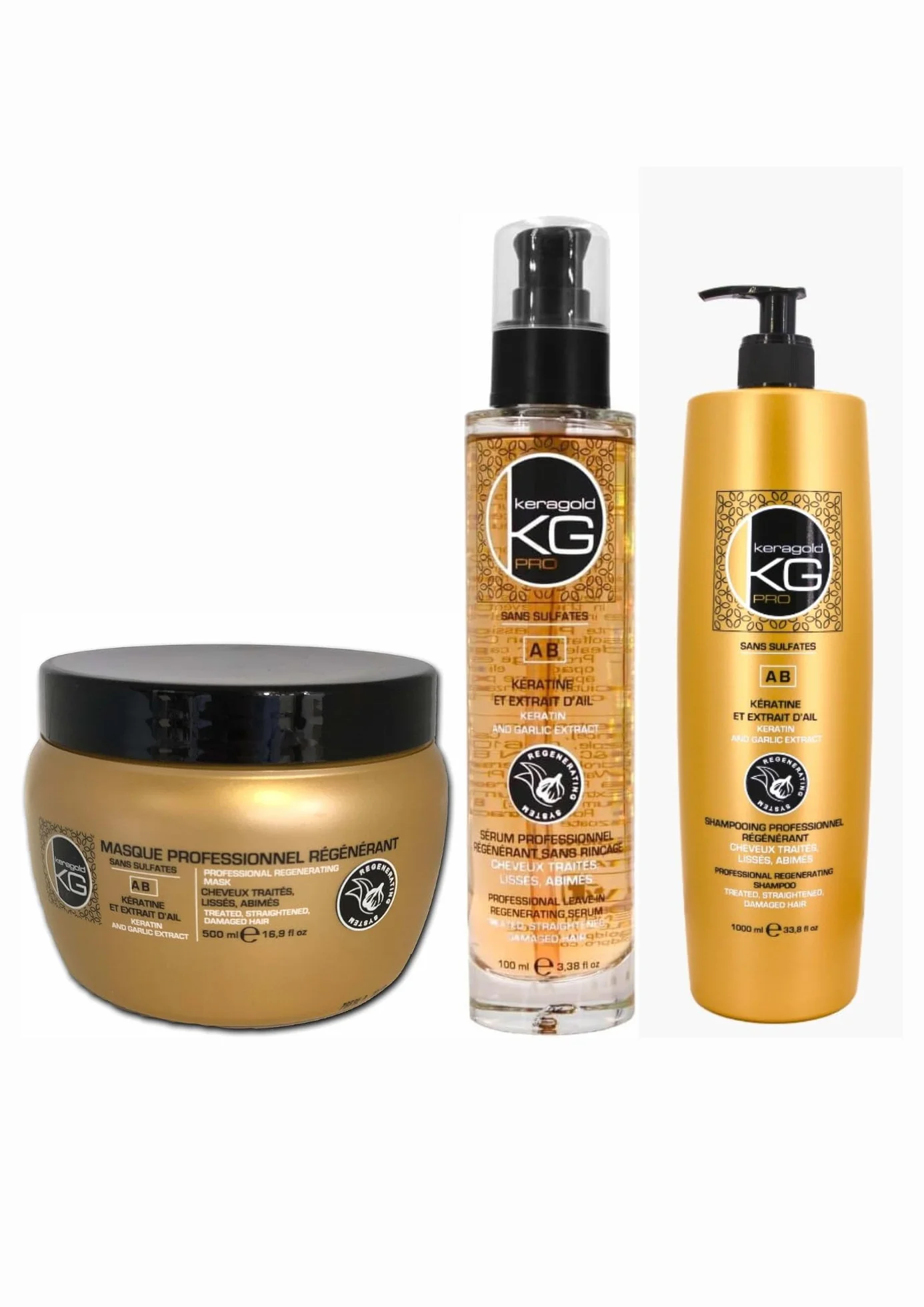 KERAGOLD PRO AB Lot de 3 Soins Capillaires Shampoing 1L Masque 500ml Sérum 100ml Kératine Extrait d’Ail Fortifiant Réparateur Anti-Chute