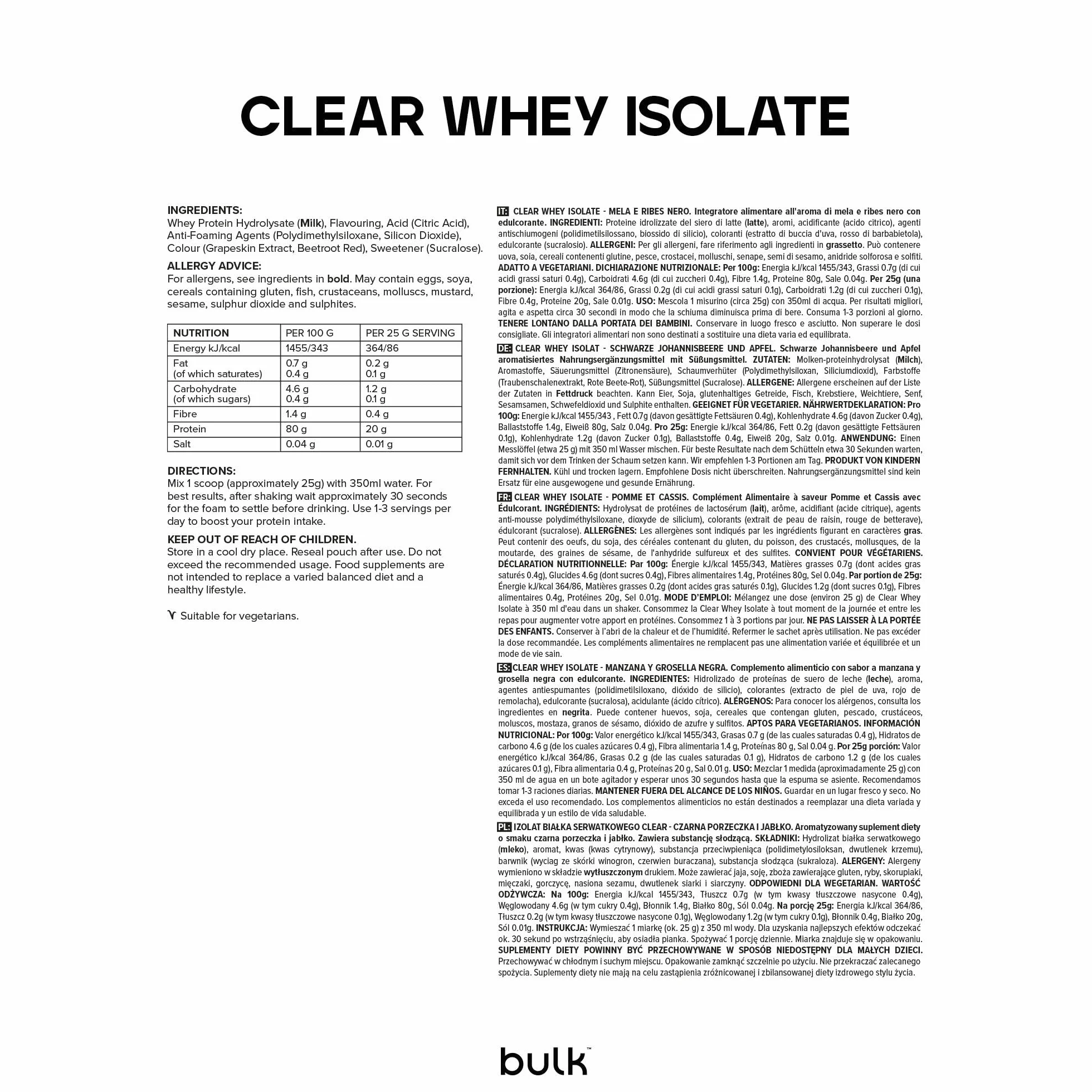 Clear Whey Isolate Pomme & Cassis 500g 20g protéines rapide faible sucre Shake protéiné léger fruité