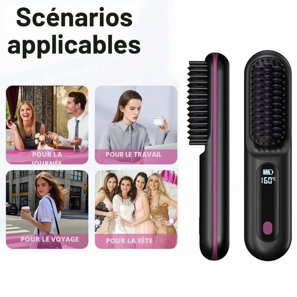 Brosse à Cheveux électrique sans fil Rechargeable Chauffante avec affichage LED 3 Niveaux de Température Lisser Boucler