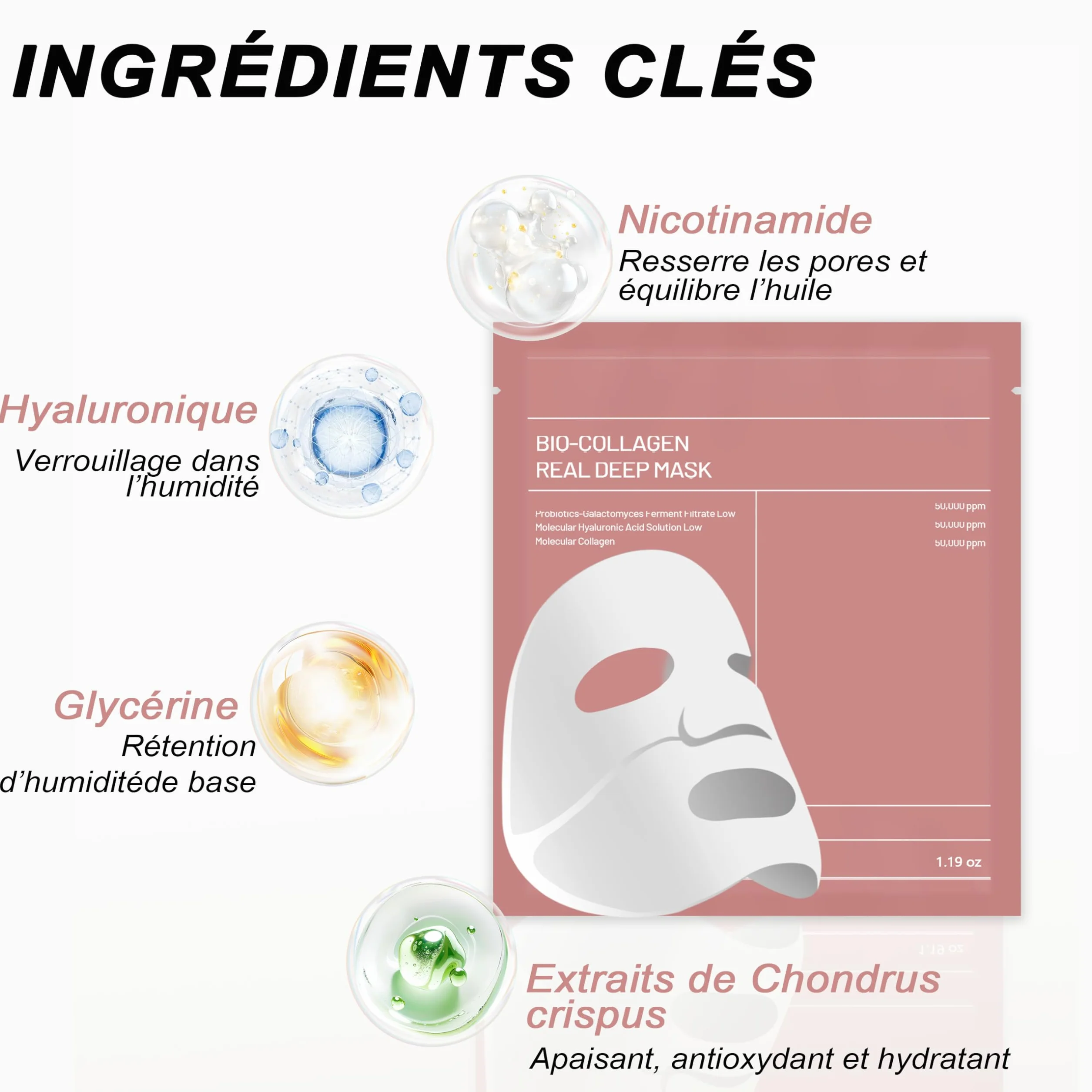 Masque visage en collagène 8 paquets, hydrogel hydratation apaisement soins peau
