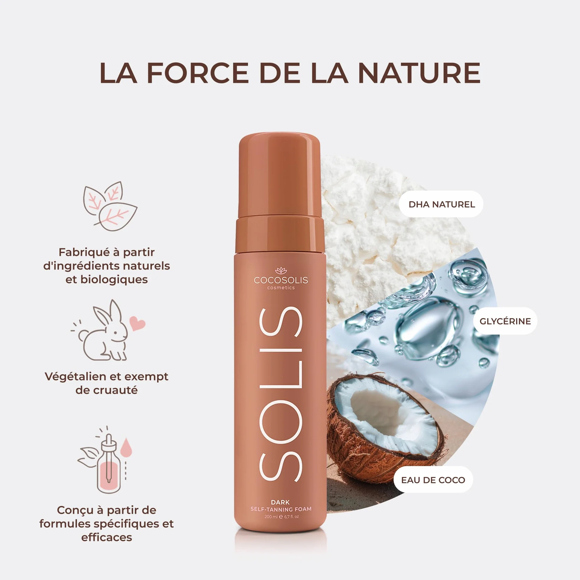 COCOSOLIS SOLIS Dark autobronzant foncée visage et corps, mousse pour un bronzage riche, naturel et longue durée, au DHA végétal (200 ml)