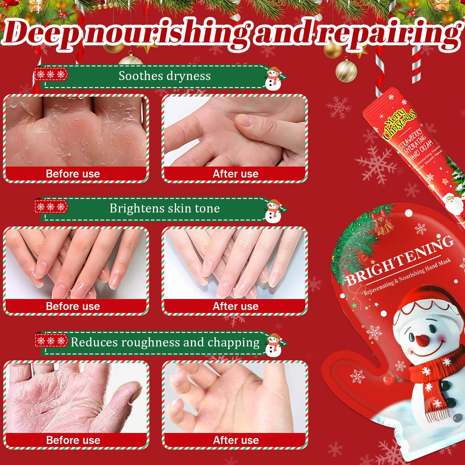 Masque Main Noël 5 Paires + 10 Mini Crème Main Hydratant Cadeaux de Noël