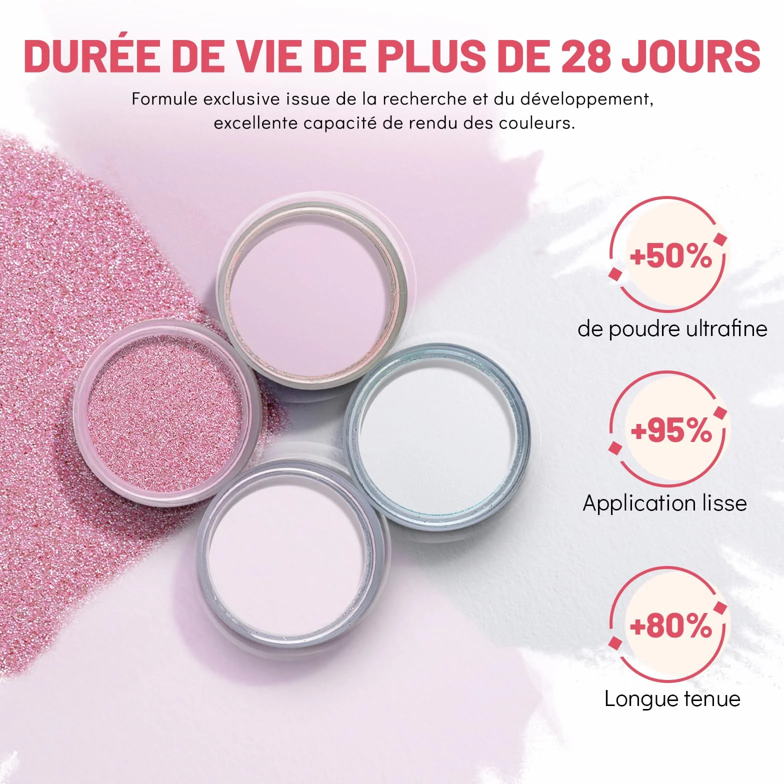 Aokitec Kit de poudre à ongles 4 couleurs, poudre à tremper paillettes blanc rose avec base liquide