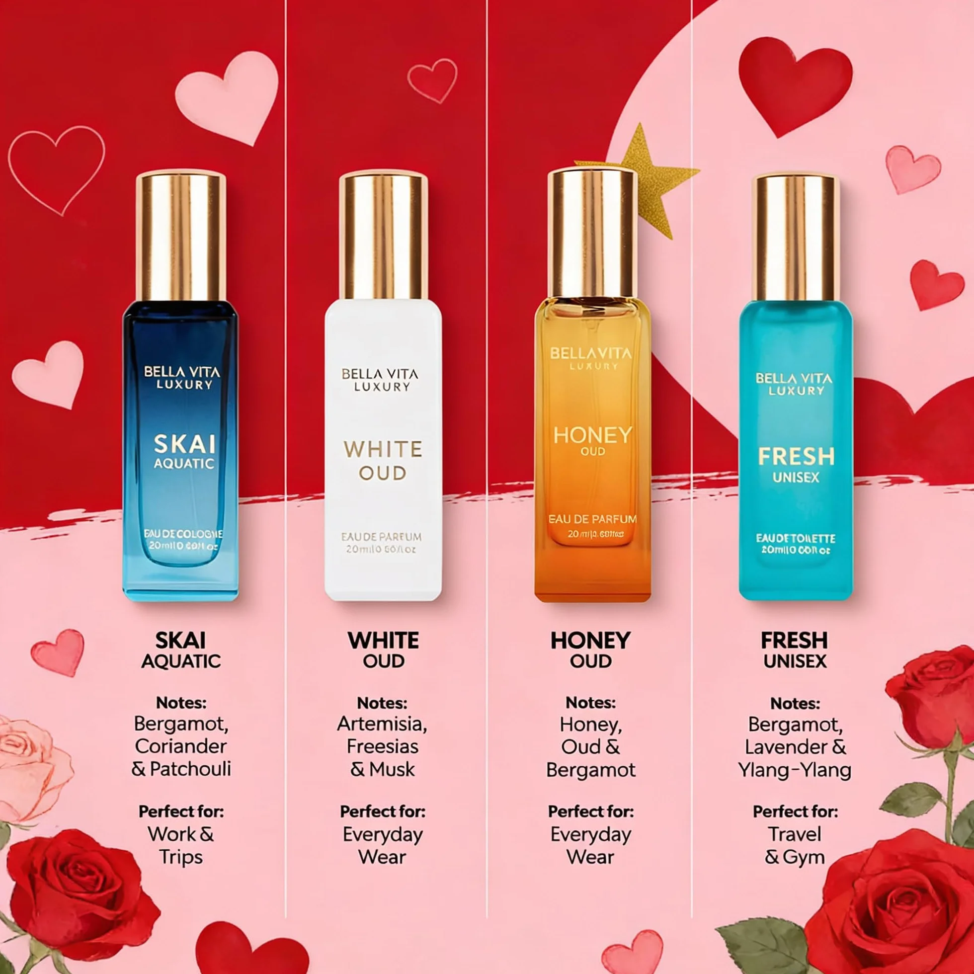 Bellavita Coffret cadeau unisexe de luxe avec miel oud, oud blanc, frais et skai | Senteurs aquatiques fruitées de vanille avec des notes de miel et de bergamote | 4 x 20 ml de parfum unisexe | Cadeau