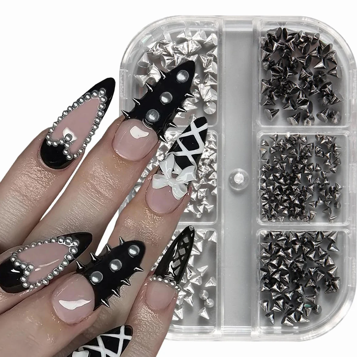 Breloques pour Ongles Rivets Métal Nail Art Noir Argent, 1 Boîte 6 Cellules DIY Fille Dames