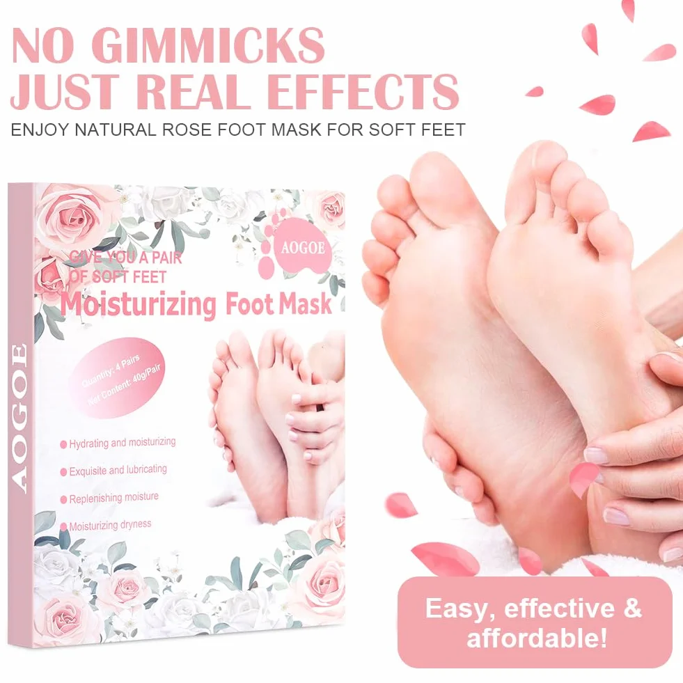 Masque Pieds Peeling Exfoliant 4 Paires Saveur Rose, Chaussette Exfoliante Hydratante pour Callosités et Pieds Secs
