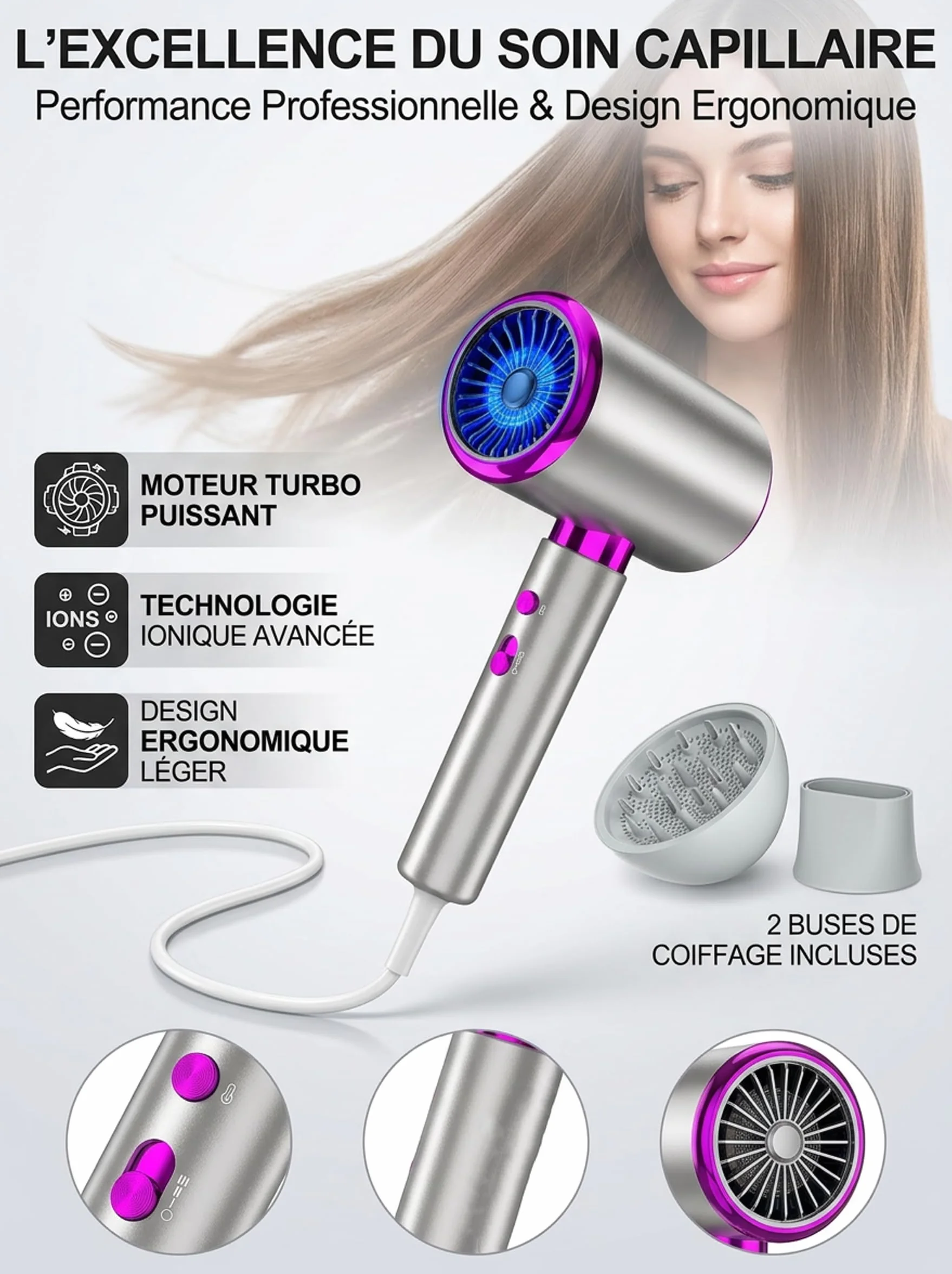 Sèche Cheveux Ionique 2400W Diffuseur Boucles 3 Températures 2 Vitesses Air Froid