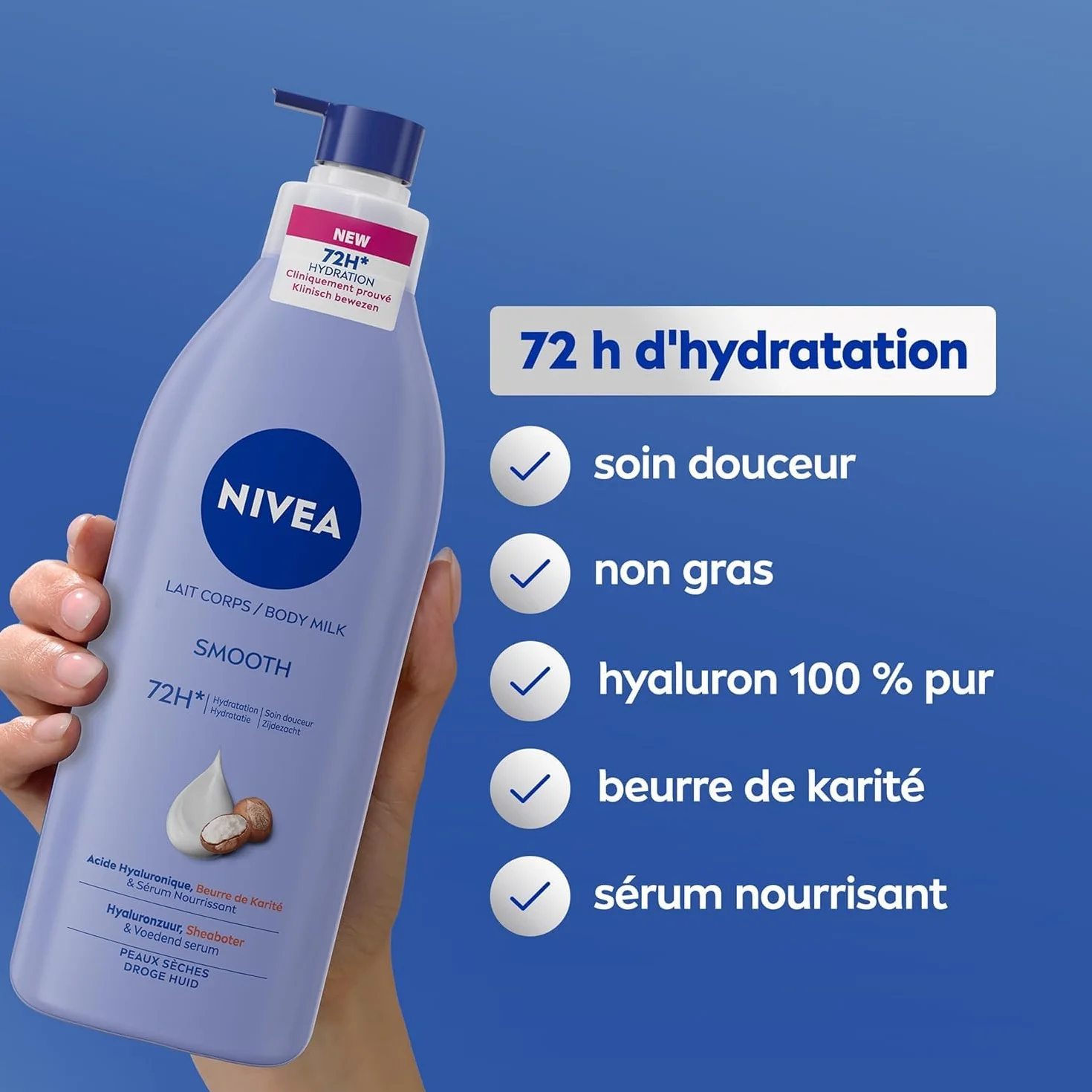 NIVEA Lait Corps Hydratant Douceur 72h 250 ml Crème hydratante Acide Hyaluronique Beurre de karité Soin corps peaux sèches