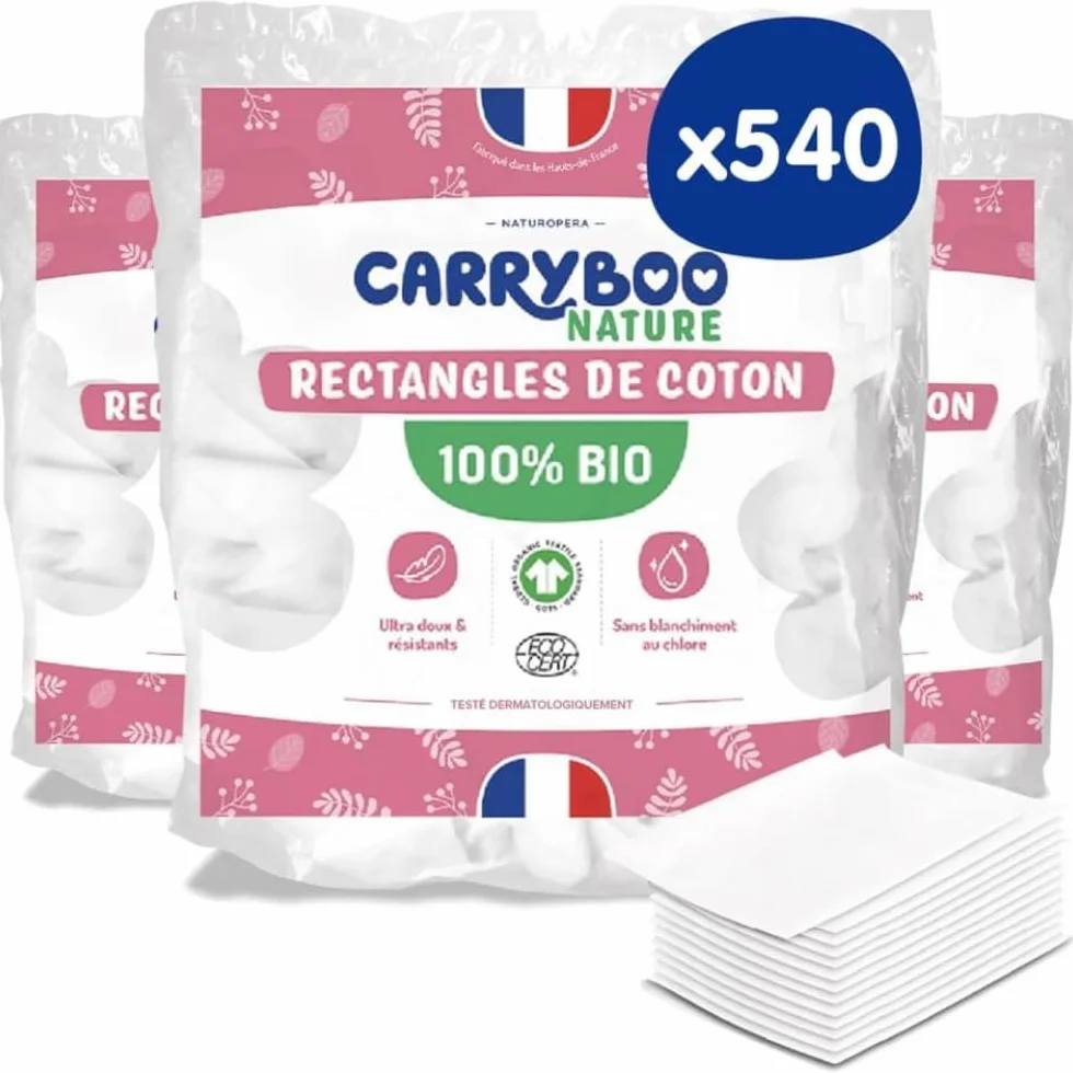 CARRYBOO 540 Coton Pads Bébé 100% Bio Ultra Doux Peaux Sensibles Hypoallergénique Change Toilette Fabriqués France