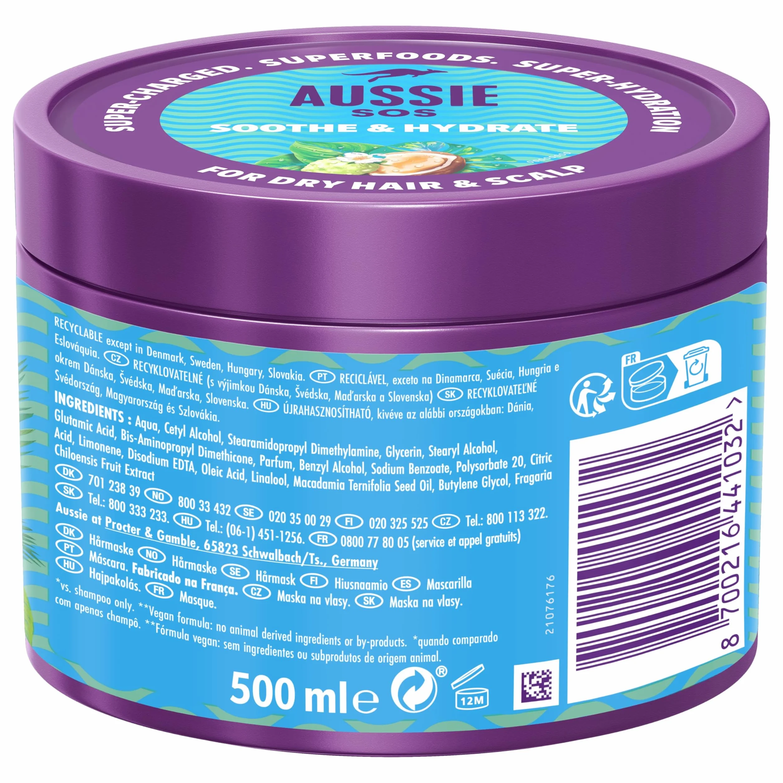 Aussie SOS Hydratation Surpuissante Masque Cheveux Cuir Chevelu 500ml Apaise Réhydrate 100 Heures Hydratation Formule végane