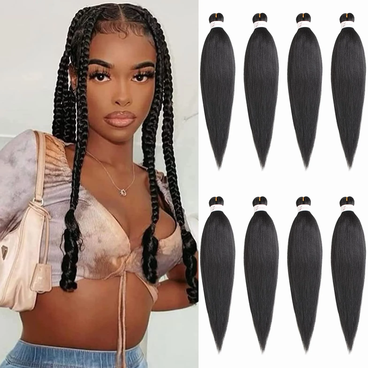 Xtrend Black 8Packs Easy Braids Cheveux tressés pré-étirés 20 pouces EZ Tressage Cheveux Réglage de l'eau chaude Fibre synthétique pour Crochet Tressage Cheveux Yaki Texture Tressage Cheveux