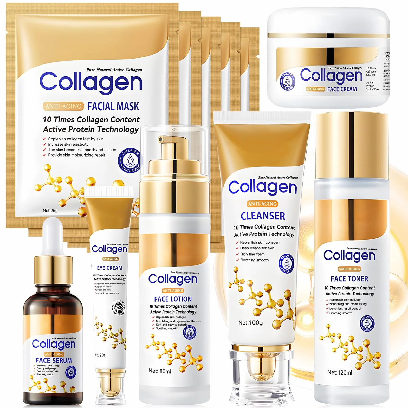 Coffret Soin Visage Femme, Coffrets de Soins pour la Peau, Coffret Femme Beauté Inclure Creme Collagene Visage, Collagene Masque, Nettoyant Visage, Serum Collagene Visage, Creme Yeux, 11 Pièces