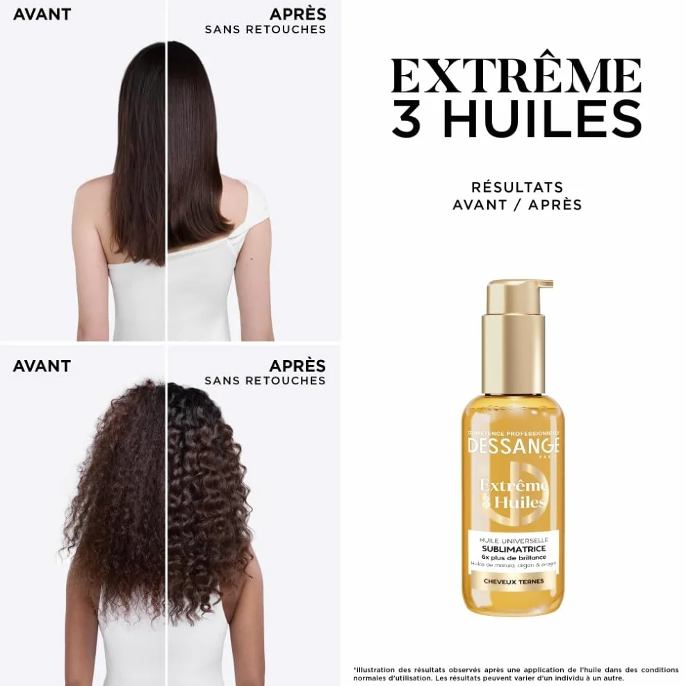 DESSANGE Huile Cheveux Universelle Sublimatrice Extrême 3 Huiles Marula Argan Onagre 110ml