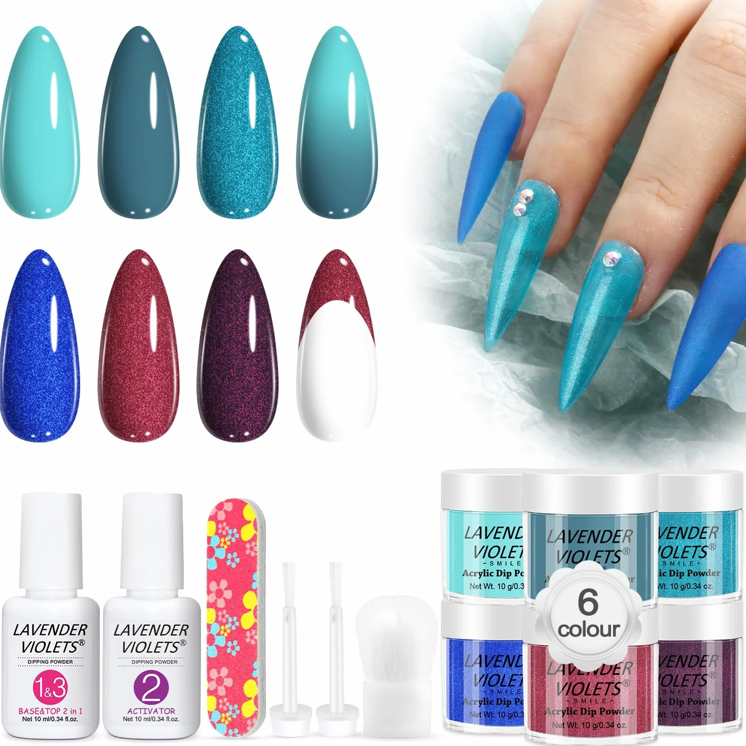 Lavender Violets 6 Couleurs Acrylique Trempage Poudre French Nail Manucure Base Activateur Vernis Finition Brosse Lime