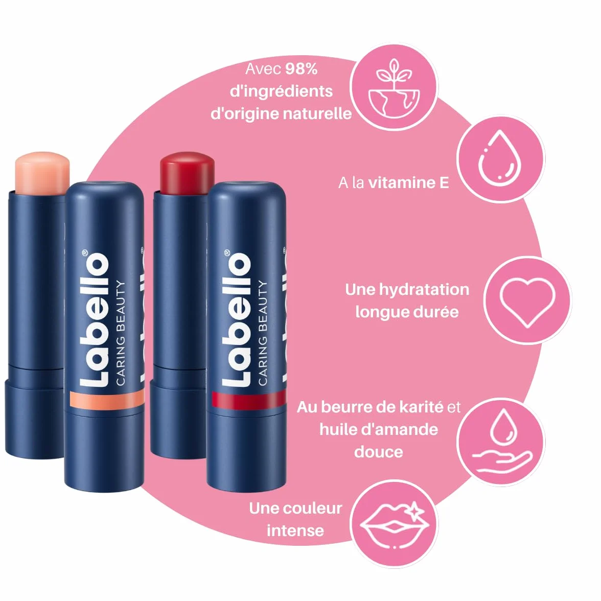 LABELLO Caring Beauty Rouge FPS 30 Stick à lèvres au beurre de karité et huile d’amande Baume à lèvres rouge 5,5 ml