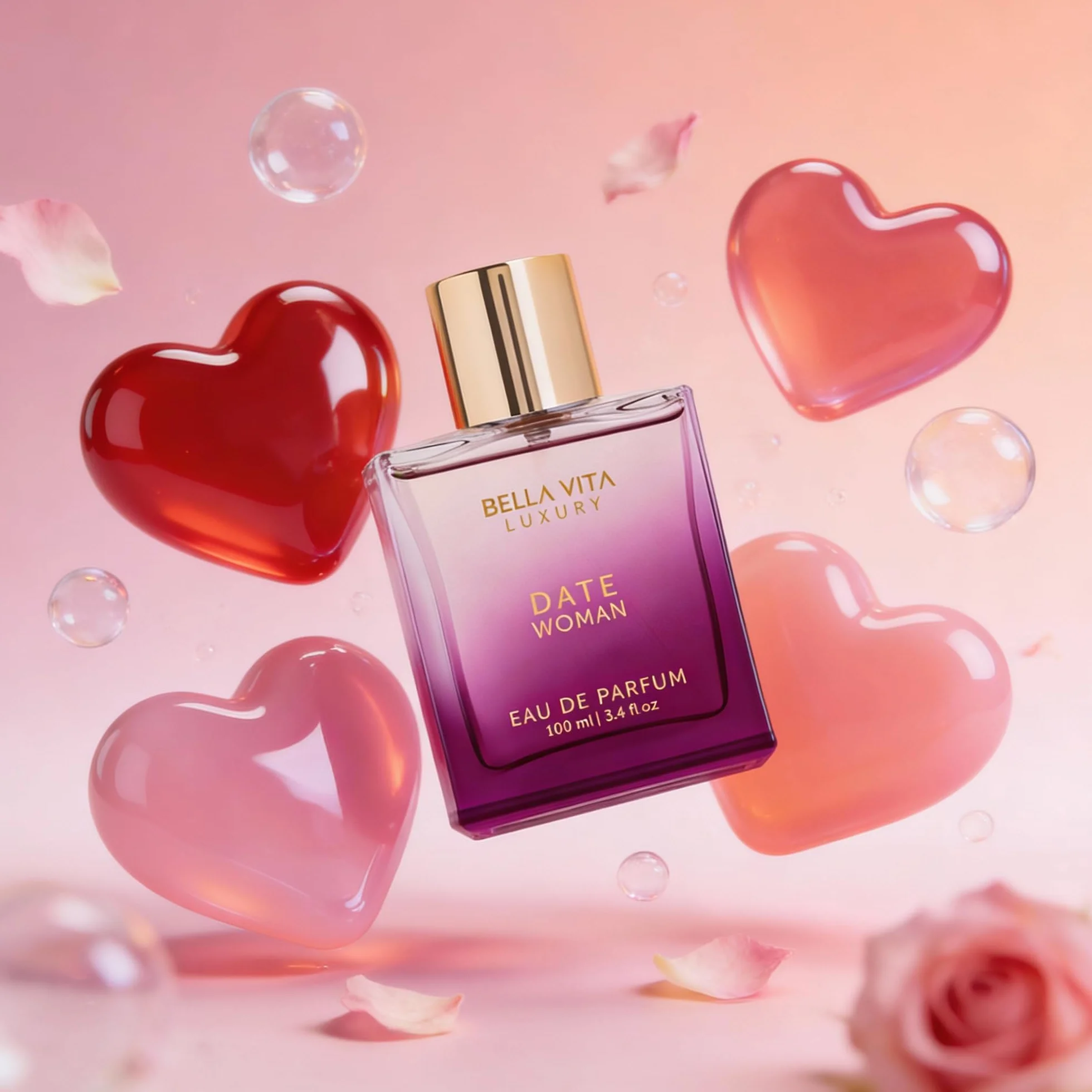 Bellavita Luxury DATE Eau de Parfum | Floral, Fruity, Amber Scent Profile with Pink Pepper and Red Fruits Top Notes | 100 ml | Perfume for Women