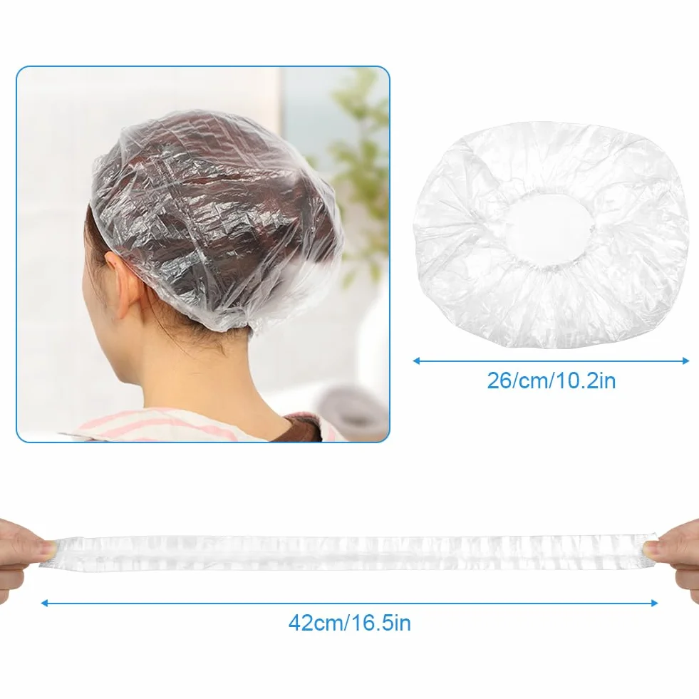 Bonnets de Douche Jetables 100PCS Charlotte Cheveux En Plastique Imperméables Élastiques Usage Unique