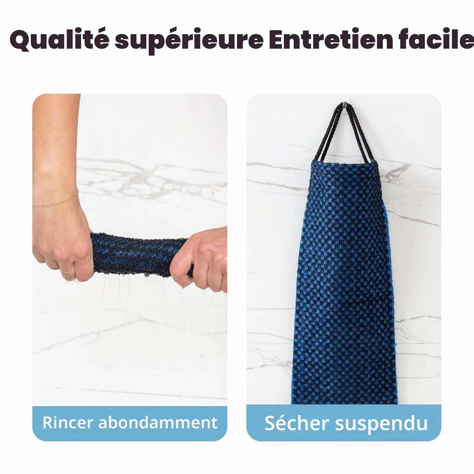 Serviette exfoliante double face réutilisable avec cordon de serrage