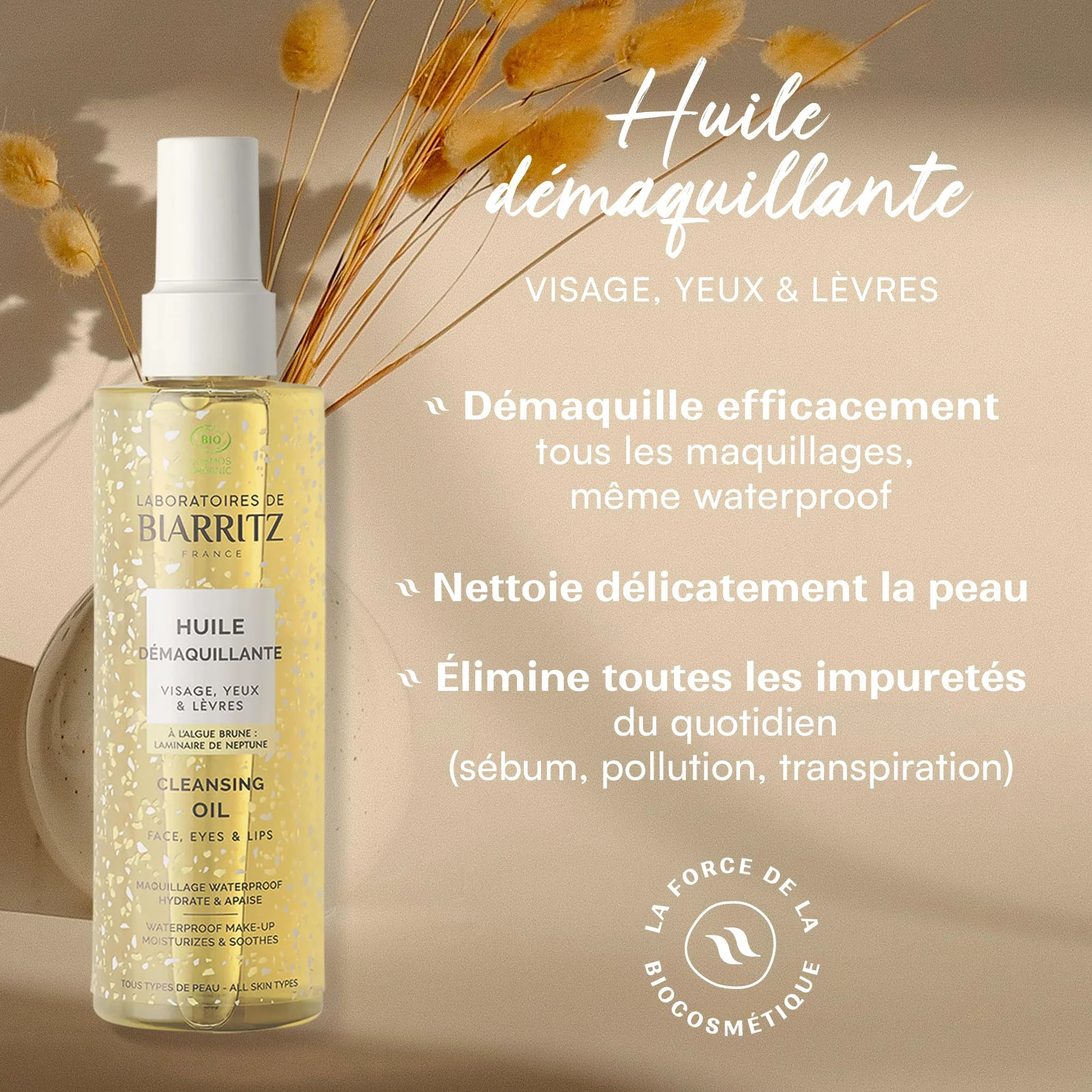 Laboratoires de Biarritz - Huile Démaquillante Visage, Yeux, Lèvres - Démaquille, Hydrate et Apaise - Efficace sur Maquillage Waterproof - Certifiée Bio - Formule Vegan - Fabriquée en France - 200 ml
