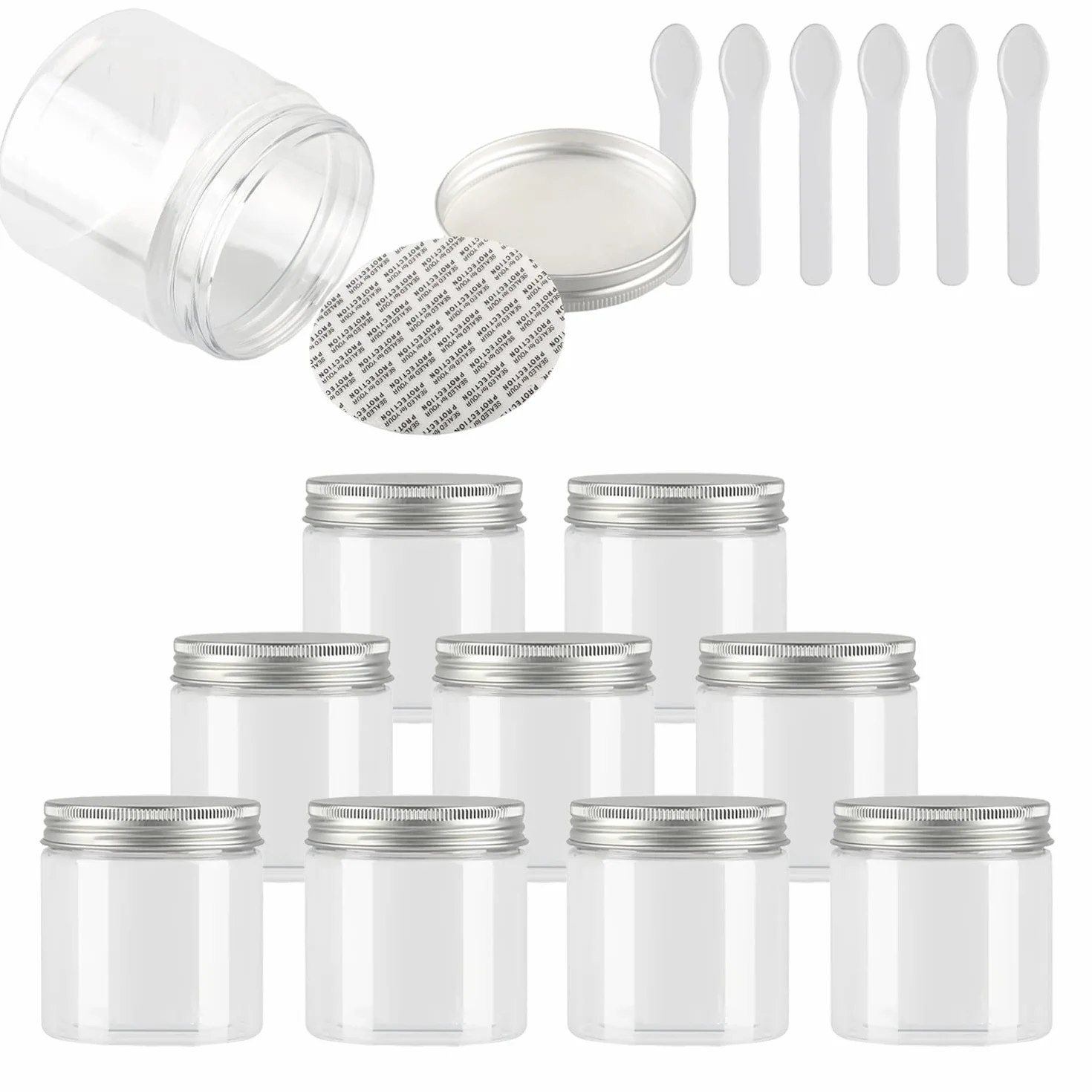 12 Pièces Vides Petit 200 ml Transparent Cosmétique Pot en Plastique avec Couvercle Argent 200 g Pots de Cosmétique Crème de Bouteille Contenant avec 6x Spatules