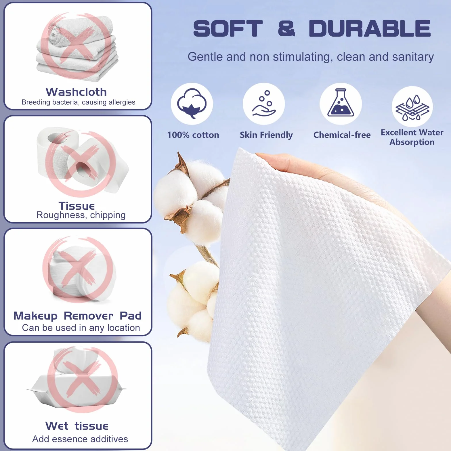 Serviettes Visage Jetables 100 Unités - Lingettes Démaquillantes Épaisses en Coton Biodégradable
