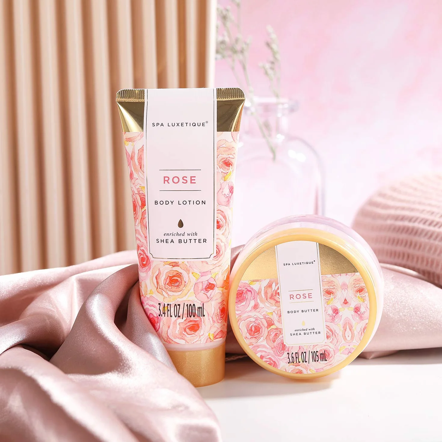 Spa Luxetique Coffret Cadeau Femme Rosa 8 Pièces Soin Beauté Gel Douche Beurre Karité Bombe Bain Bain Moussant