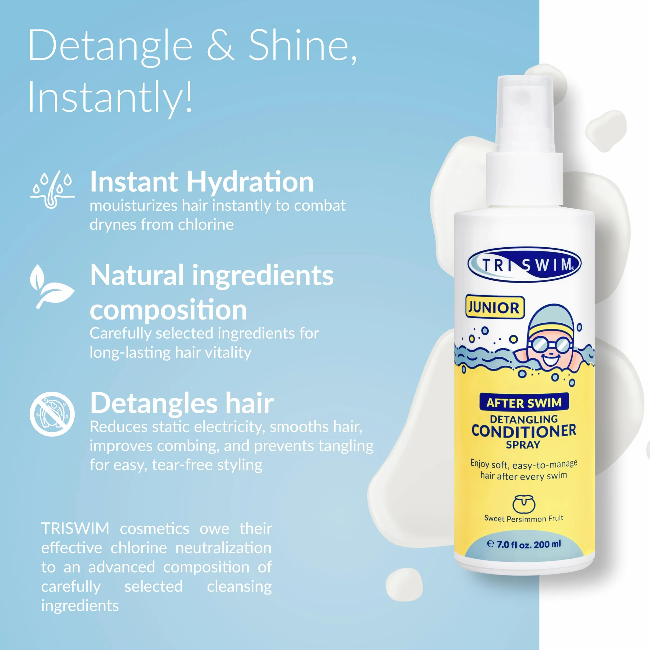 TRISWIM Après-shampoing démêlant Junior After Swim pour Enfants - Protège et répare cheveux endommagés par chlore, eau salée